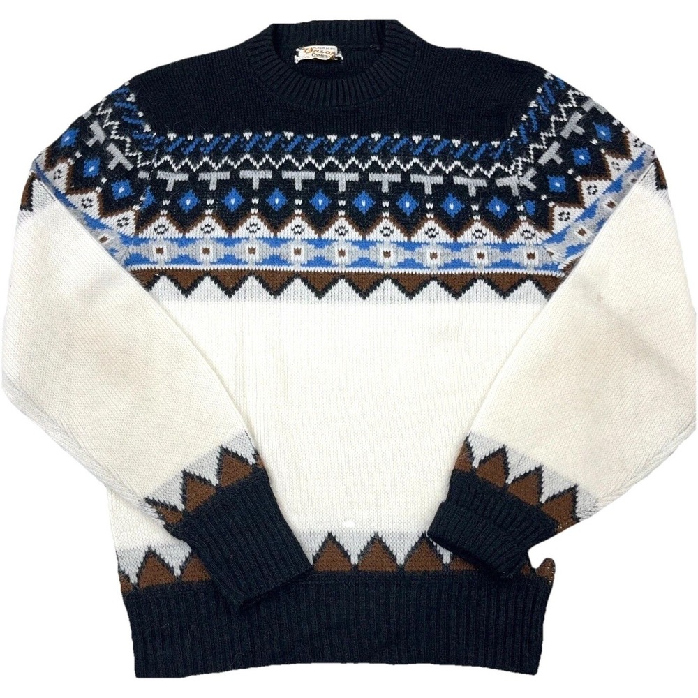 Vintage Orlon Sweater Women Small 70s 80s Nordic Fair Isle Grandma Black White
